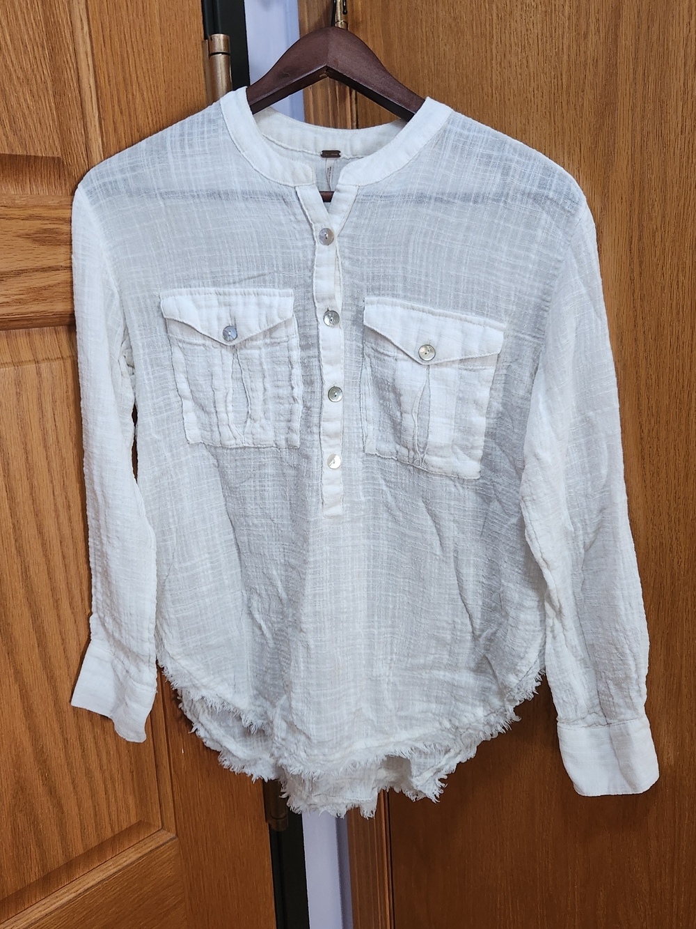 Free People White Gauze Henley Button-Up Shirt